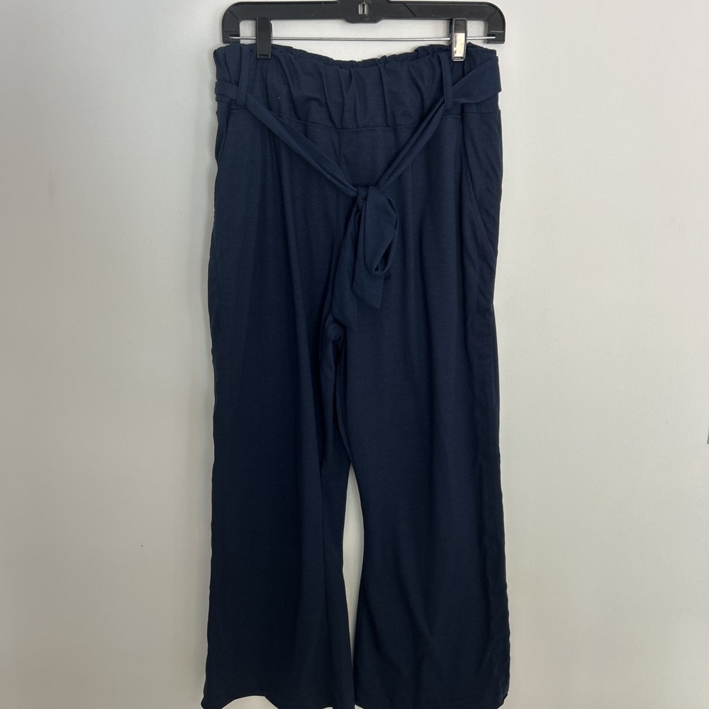 Navy Wide Leg Fully Snapped Sides Women's M Pants Pockets Casual Comfort Elastic